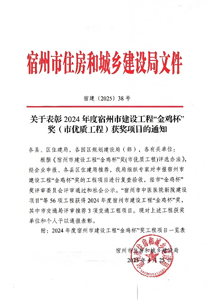 公司監理項目斬獲宿州市“金雞杯”獎，劉斌同志榮獲“優秀總監理工程師”榮譽